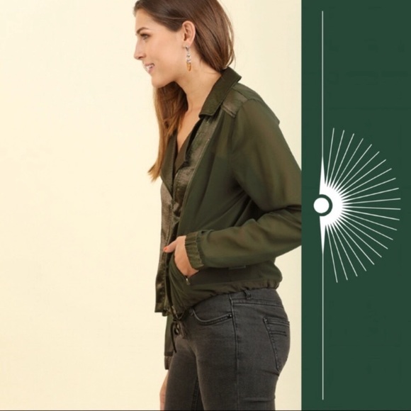 Umgee Sheer Satin Bomber Asymmetrical Zip Jacket Dark Olive Army Green Small - Picture 8 of 9